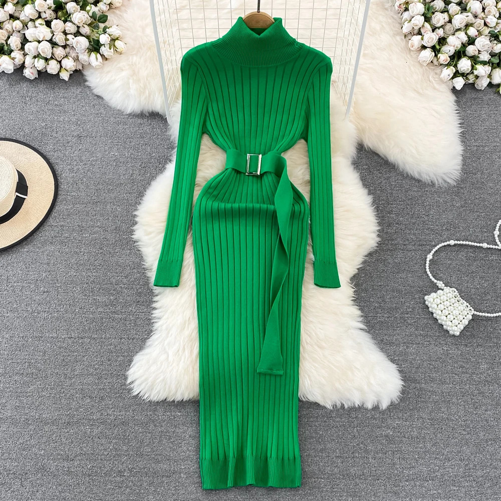 YuooMuoo Ins Turtleneck Sexy Wrap Hips Knitted Dresses Women Autumn Winter Long Sleeve Bodycon Sweater Dress with Belt 251110