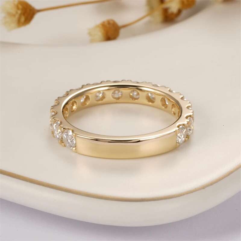 CxsJeremy Solid 14K 585 Yellow Gold 3MM Round Cut Moissanite Wedding Band Vintage 3/4 Eternity Stacking Anniversary Gifts