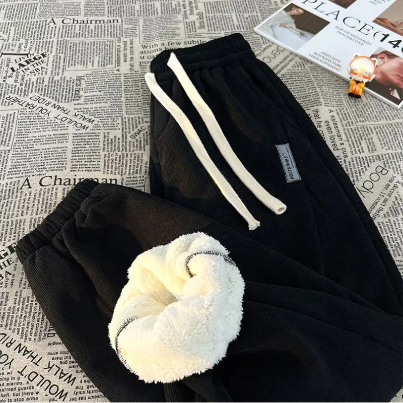 Men Winter Corduroy Plush Extra Thick Pants Lambswool Warm Loose Comfortable Rib Leg Pants Lined Fleece Sports Joggers Trousers 251106