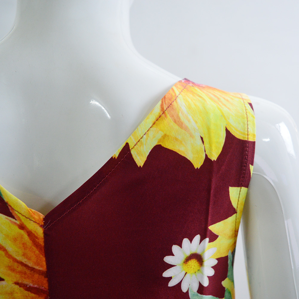 New women's Bohemian printed sunflower V-neck sleeveless pocket insert summer long dress