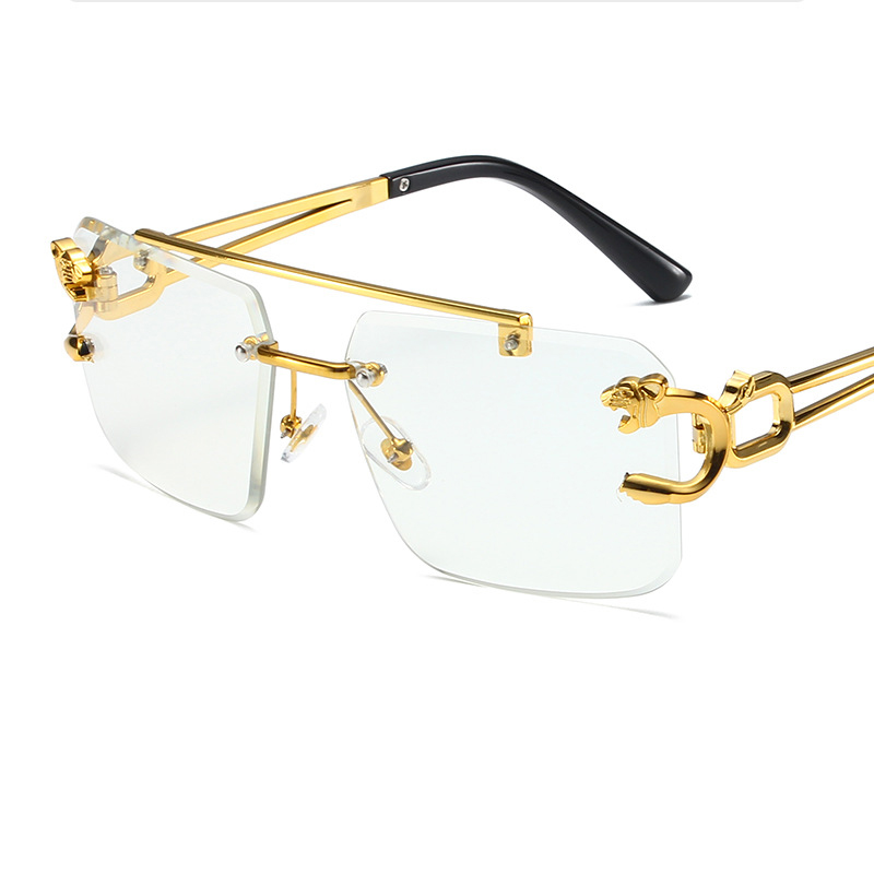Frameless Diamond Cut Edge Glasses Leopard Head Sunglasses Man Personalized Metal Rimless Optical Frame Classic Rectangle Square Luxury gold sunshade sunglass