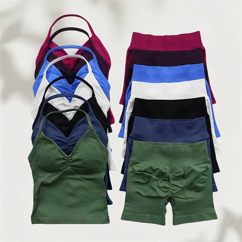 2-piece womens yoga set seamless impact long line shoulder strap vest top pleated sports shorts gym clothing womens summer exercise setXJ250410