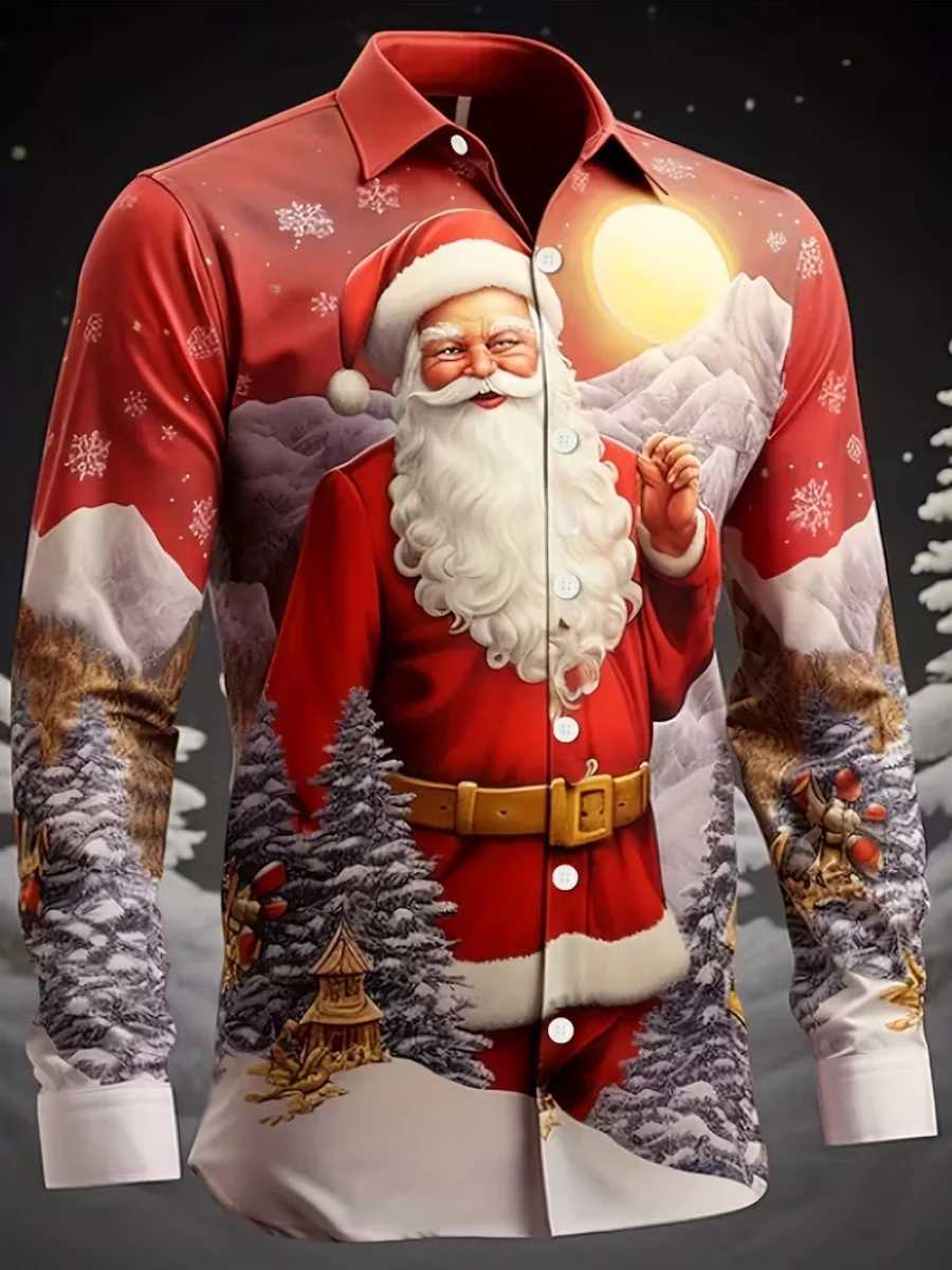 Christmas Mens Shirt with Buttons Long Sleeve Fun Outdoor Holiday Spring-Autumn 3D Printed Collar Design Quick Delivery K251110