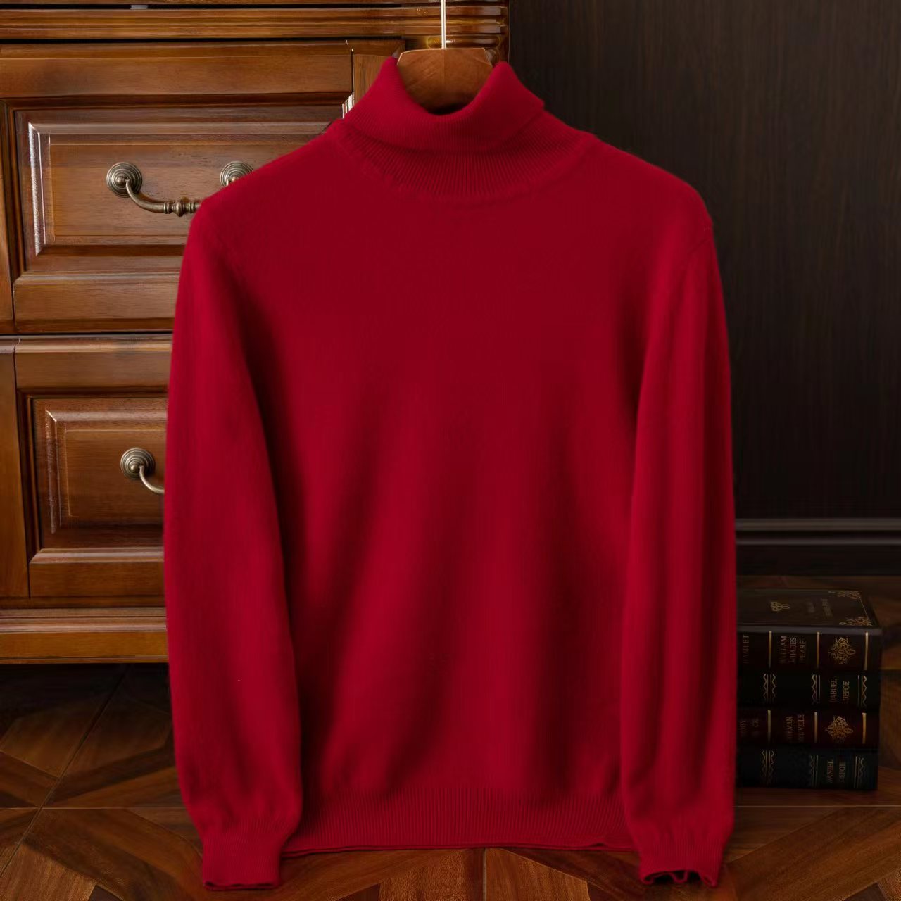 Spring and Autumn men's 100% pure wool sweater knitted sweater pullover round neck high neck solid color versatile solid color sweater