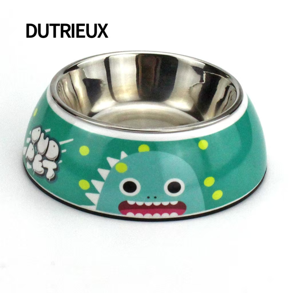 H1378 Wholesale pet tableware, stainless steel double bowls, non-slip food bowls, cartoon printed dog and cat bowls, logo customization available.