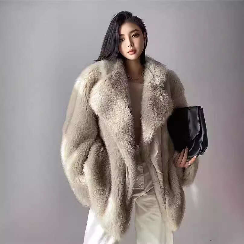 Autumn Winter Faux Elegant Fox New MidLength EcoFriendly Fur Coat Women's Internet Celebrity Large Lapel Loose Fit