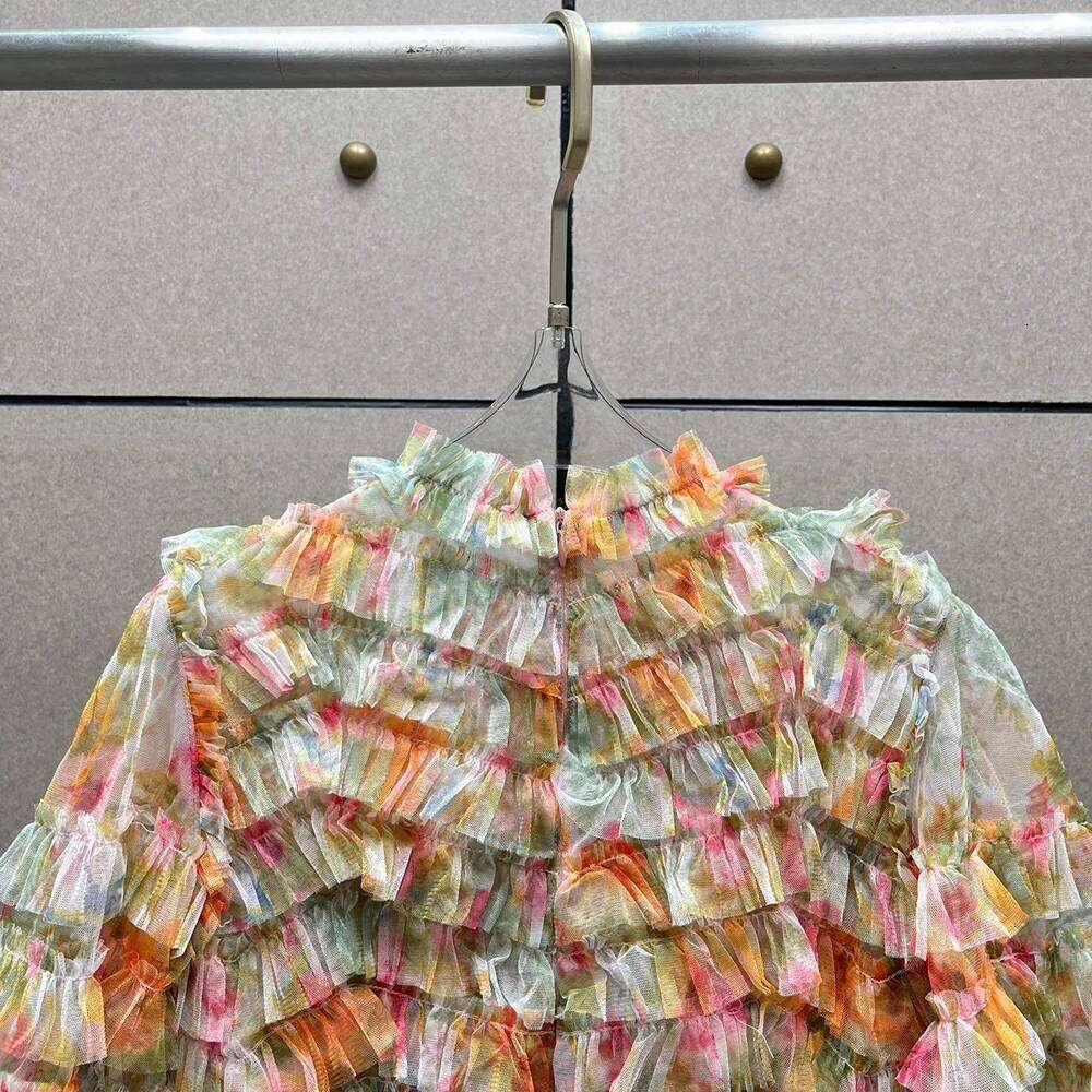 Layered Mesh Women's Y2k Fashion Printed Temperament Elegant Commuter Short Sleeve Round Neck Dress 2025 Summer New