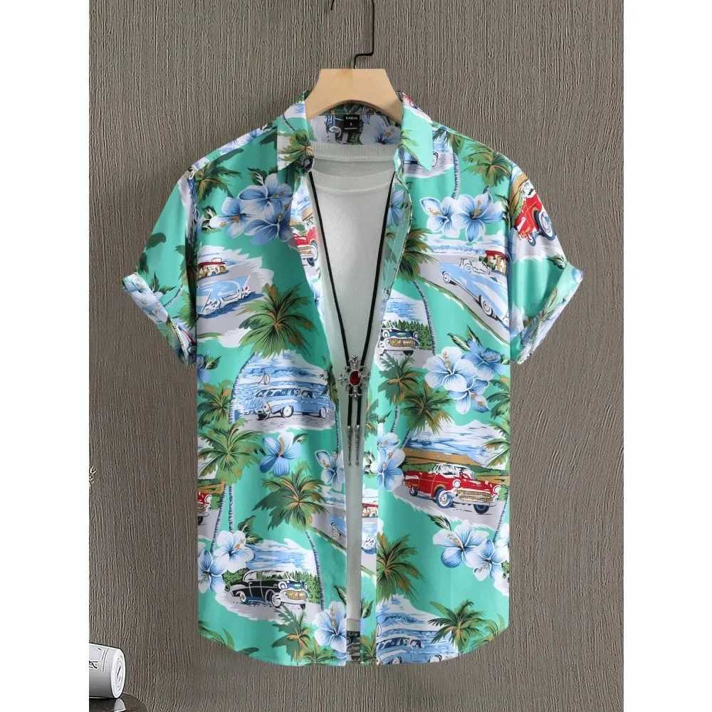 Summer Mens Fashion Hawaiian Collar Shirt Plant Flower Design Short Sleeve Button Top Seaside Top X250410