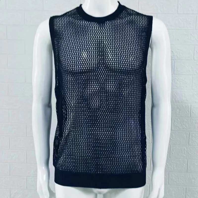 2025 Fashion Summer Knitwear Mens Round Neck Sleeveless Hollow Pullover European and American Tank Top 250407