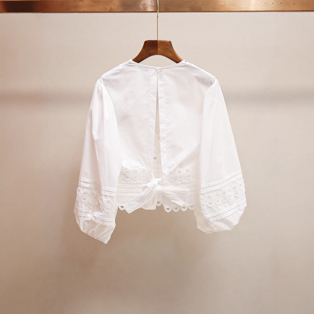 Spring Summer New French Style Gentle Elegant Design Hollow Bowknot Puff Sleeve Short Shirt Top for Women