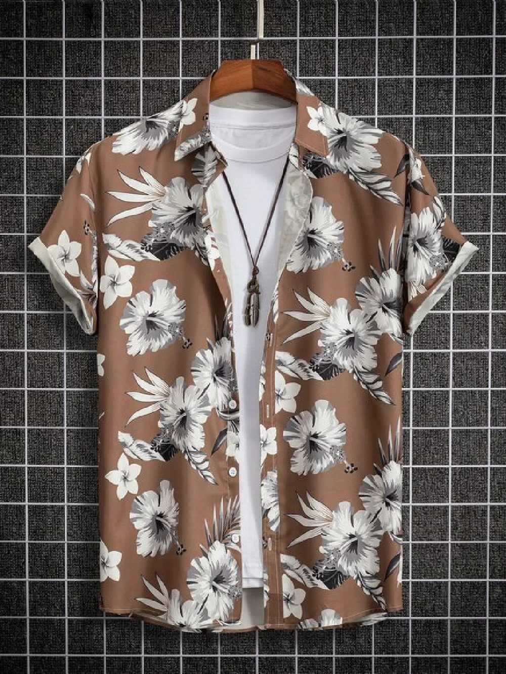 Mens short sleeved shirt summer Hawaiian style lapel button up shirt casual fashion plus size X250410
