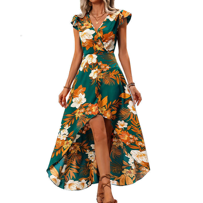 Rui Chuo Cross-Border Amazon Foreign Trade European and American 2025 Summer Vacation Style Floral Slit Mid-Length Dress