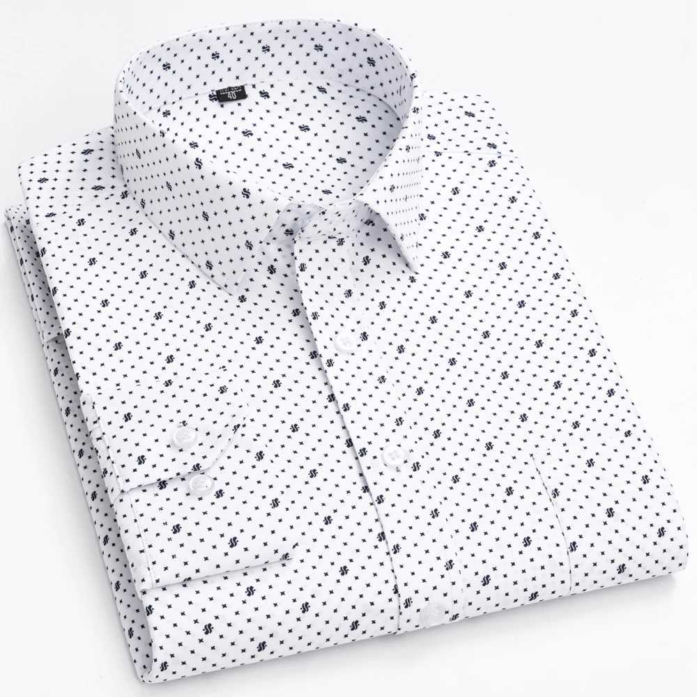 Mens Classic Long Sleeve Print/striped Basic Dress Shirts Single Patch Pocket 65 Cotton Business Standard-fit Office Shirt K251110