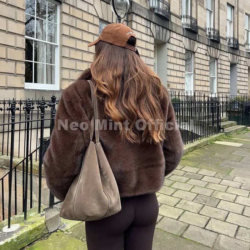 Neo Mint Cool Street Girls Fashion Brown Faux Jacket Women Luxury Fake Mink Fur Coat 2025 Autumn Winter Warm Short Overcoat