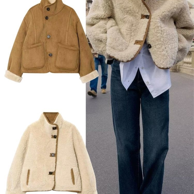 HH Winter Womens Reversible Faux Lamb Wool Jacket Vintage Long Sleeve Double Sided Thick Warm Coats Female Streetwear 251106