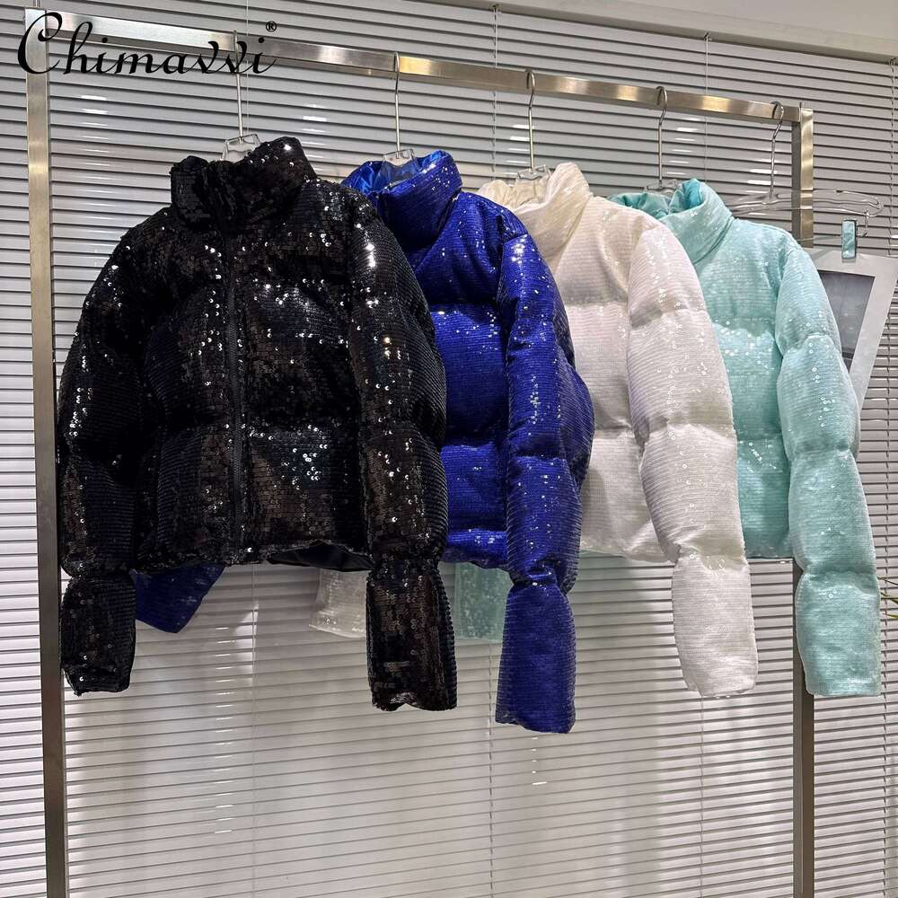 Winter Fashion Highstreet Women's Cotton Coats Sequins Stand Collar Versatile Casual Warm Puffer Short Parkas Jackets Women