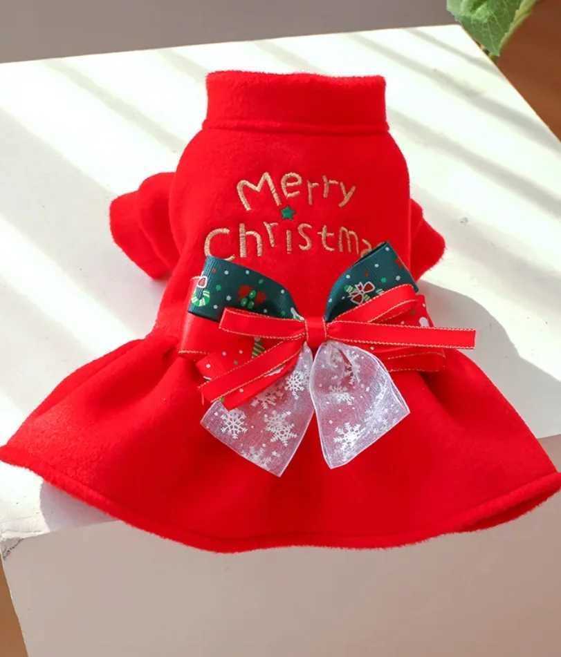 Christmas Dog Princess Dress Autumn Winter Warm Fleece Skirt Christmas Elements Bow Tie Dress Up Small Dog Cosplay Costume J251110