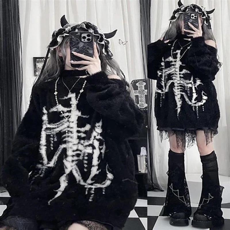 Dark Punk Sweater Women Harajuku Y2K Long Sleeve Knit Pullover Black Gothic Street Loose Top American Vintage Lazy Knitwear 251105