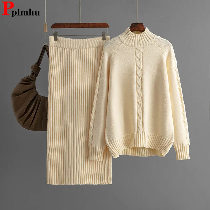 Fall Winter Knitted Sweater 2 Piece Sets Women Half Turtleneck Pullover Tops Conjuntos High Waist Slim Skirts Ensembles 251110