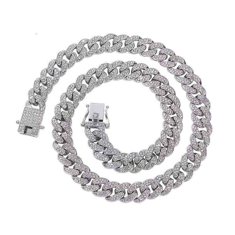 Hip hop 13mm gold and sier straight pull pearl rap necklace for men, Miami fork fully chilled paved rhie Cuban chain accessory
