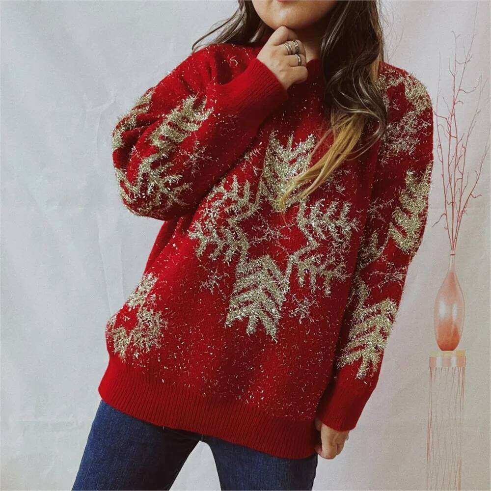 Loose Gold Thread Big Snowflake Christmas Sweater Round Neck Long Sleeve Thickened Pullover For Women Casual Trendy Pulls Femmes Designer Sweater Wome