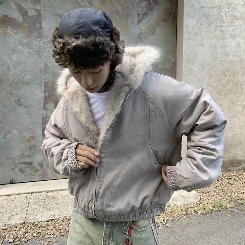 American Retro Woolen Collar Hooded Cotton Winter Thick Plush Top Men Street Hip-Hop Gothic Haruku Oversize Jacket Coat