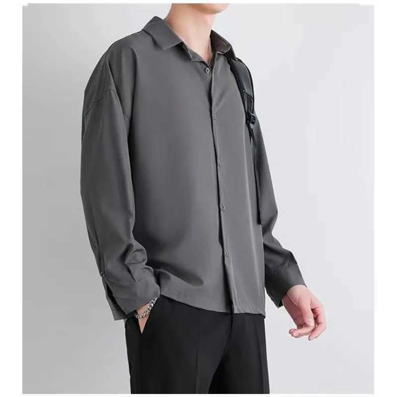 Advanced mens ice silk shirt for spring and summer thin luxurious loose Korean business shirt solid fashionable pleated dress jacket B0142 X250410