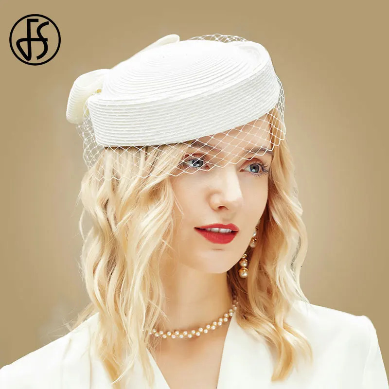 FS Fascinator White Pillbox Hats French Beret With Veil Black Straw Hats Mesh Women Fedora Cocktail Derby Party Church Wedding 250409