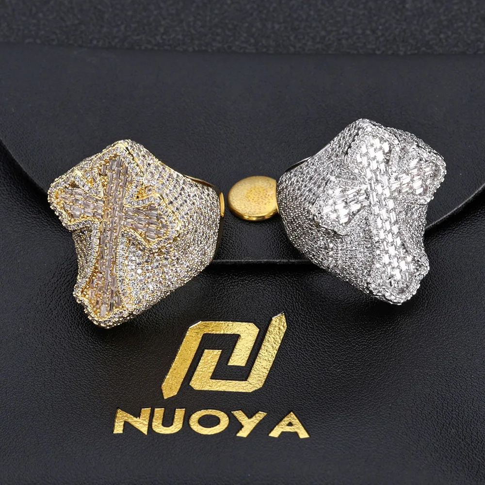 Hip Hop Jewelry Fashion Style Cross Cuban Ring for Men Bling Iced Out Round T-shaped Diamond Cross Ring Party Gift 250409