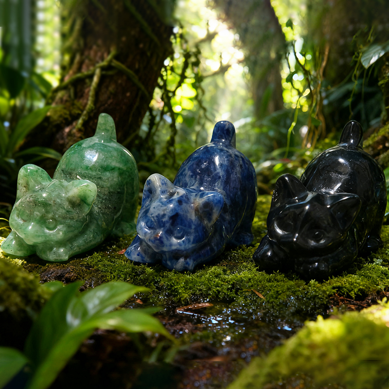 1.5-inch-long jade cat, carved handicrafts, natural crystal-made animal decorations, tabletop ornaments