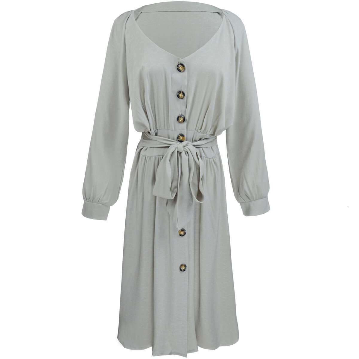 2025 Women's New Long Sleeve V-Neck Button Lace up Solid Color Sexy Loose Size Dress