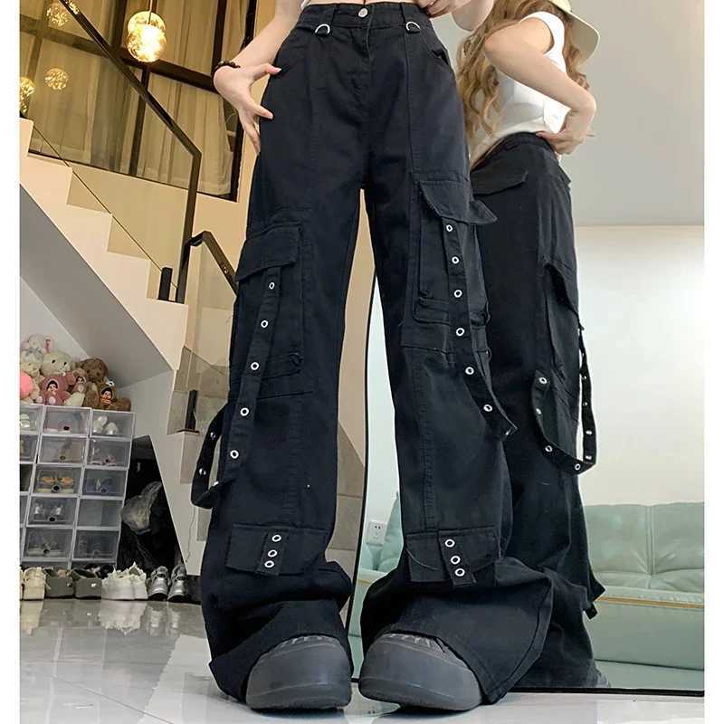 Female Loose Oversized Cargo Pants Woman High Waist American High Street Wide Leg Jeans Lady Black Denim Straight Leg Trousers C251110