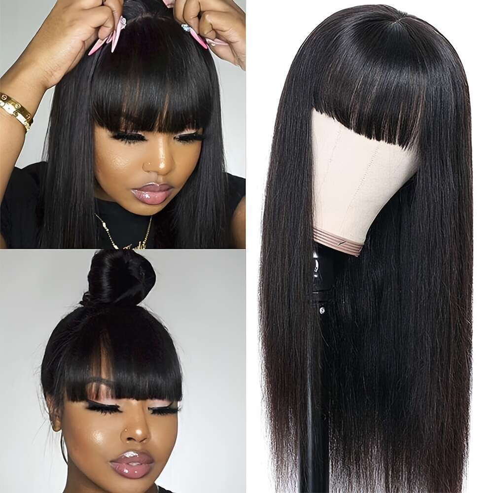 Sliky Straight With Bangs None Lace Front Unprocessed Virgin Human Hair Wigs Hine Made Glueless Wig Full Density Halloween Thanksgiving Christmas Vale