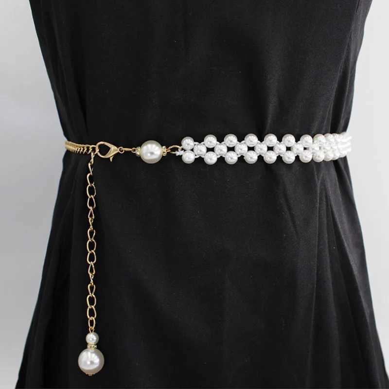 Fashionable adjustable acrylic pearl strap warm ladies metal thin chain strap ultra-thin body chain dress strap elastic waistband X250410