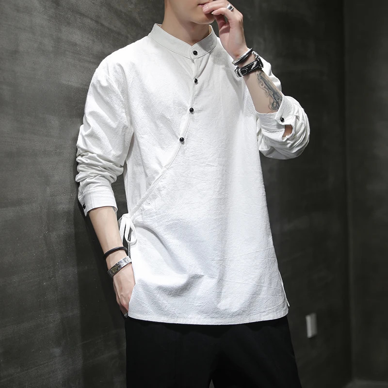 Mens Chinese Style Hemp Shirt Cotton Linen Tang Suit Hanfu Retro Stand-Up Collar Zen Clothes Harajuku tops Clothes Men Clothing 250408