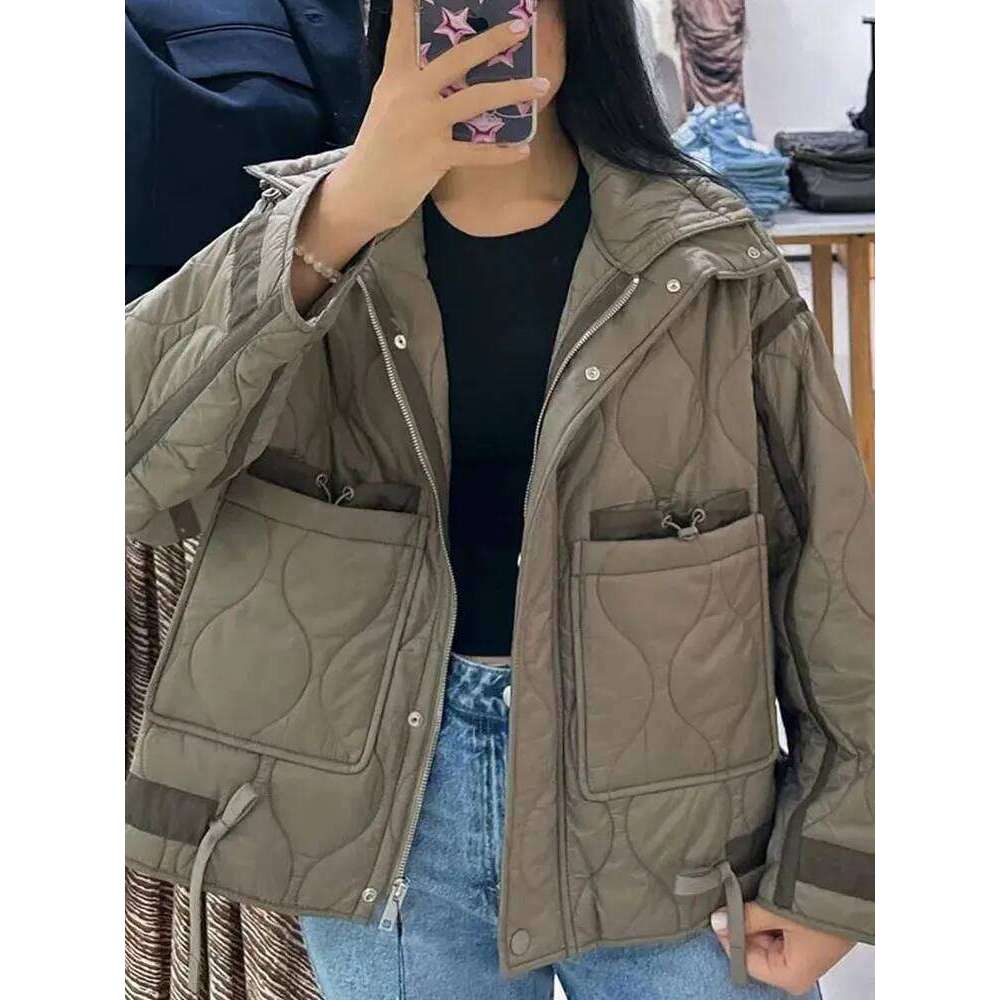 Winter Cotton Retro Solid Color Stand Collar Women's Elegant Large Pocket Quilted Highstreet Jacket