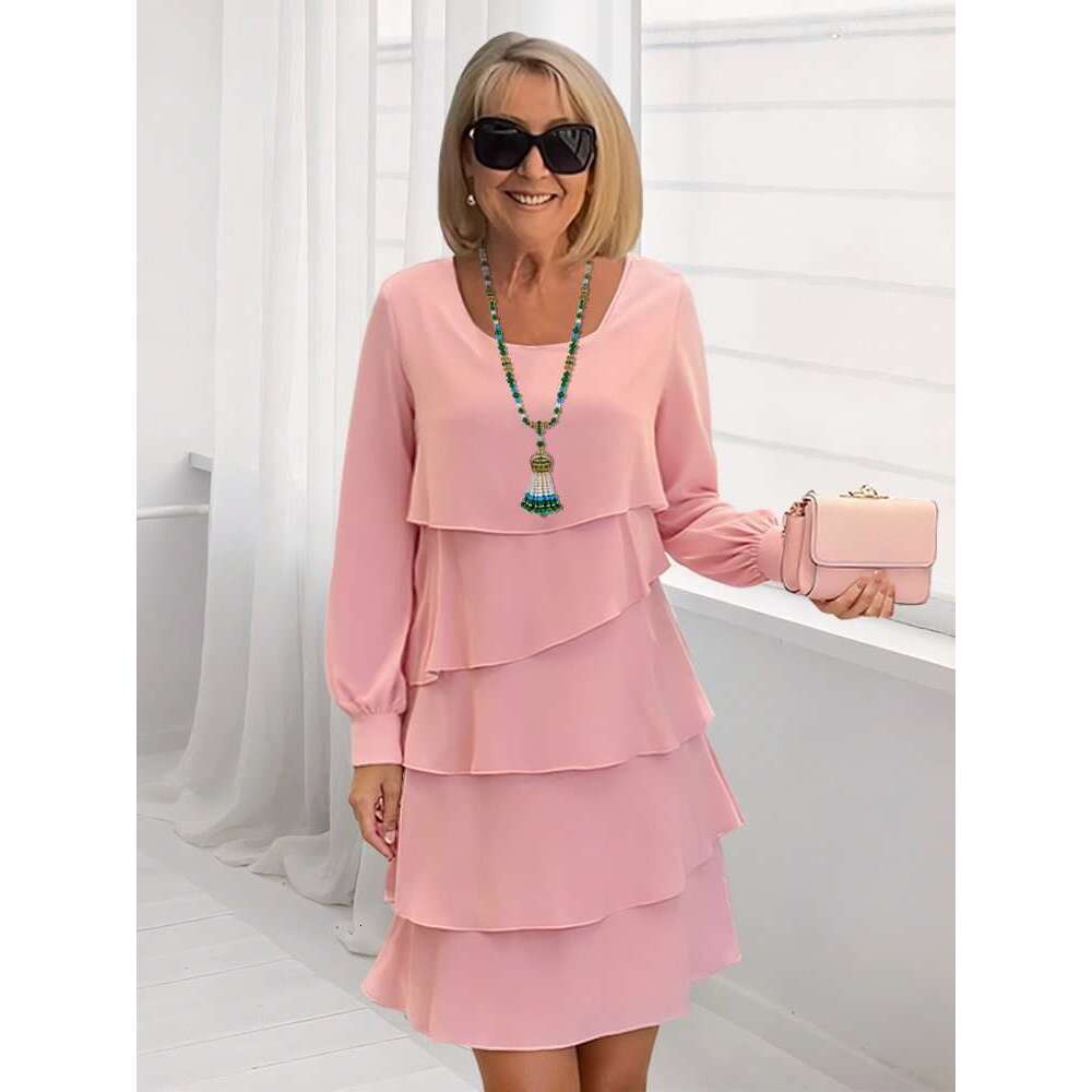 2025 Amazon Foreign Trade Autumn Fashion Cake Women's Elegant Loose Slimming Round Neck Long Sleeve Dress