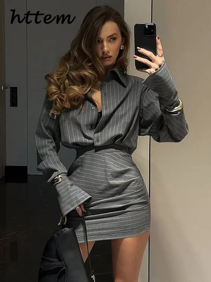 Striped shirt mini skirt set womens lapel button short sleeved pleated hip spring 250410
