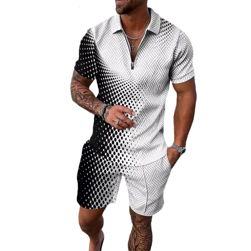 Mens casual contrasting color fashion POLO zipper lapel shirt short sleeved set