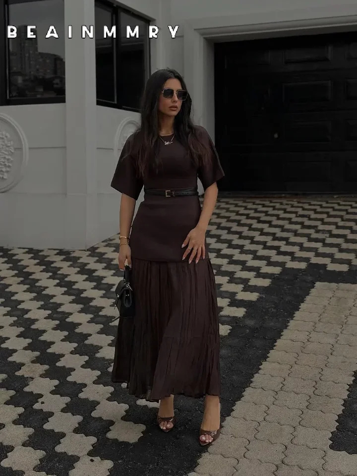 Elegant O-neck short sleeved Maxi dress for women fashionable solid pleated Gauze patch dress womens office commuting vest 250409
