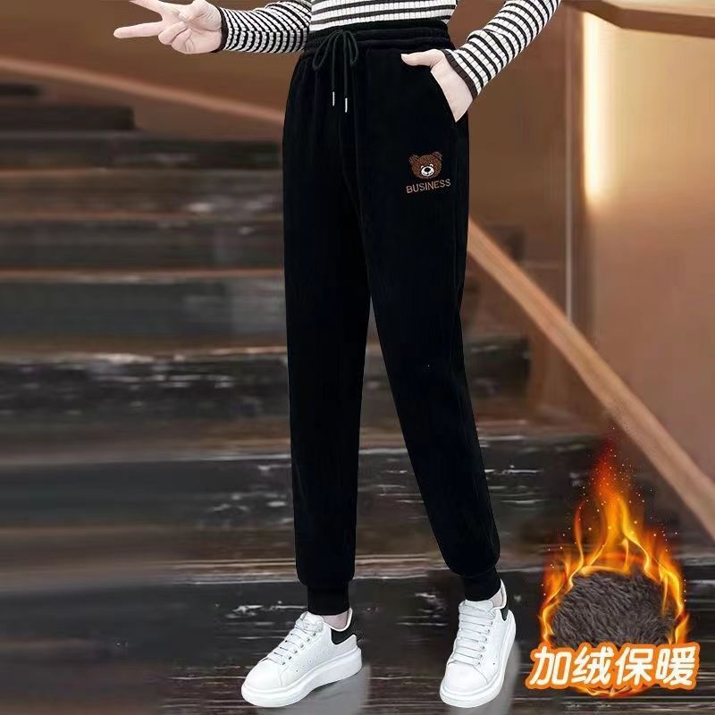 Fleece-Lined Thickened Sweatpants for Women 2025 Autumn Winter High-Waisted Joggers Slimming Bear Embroidery Corduroy Casual Sports Pants 201102 Z2603