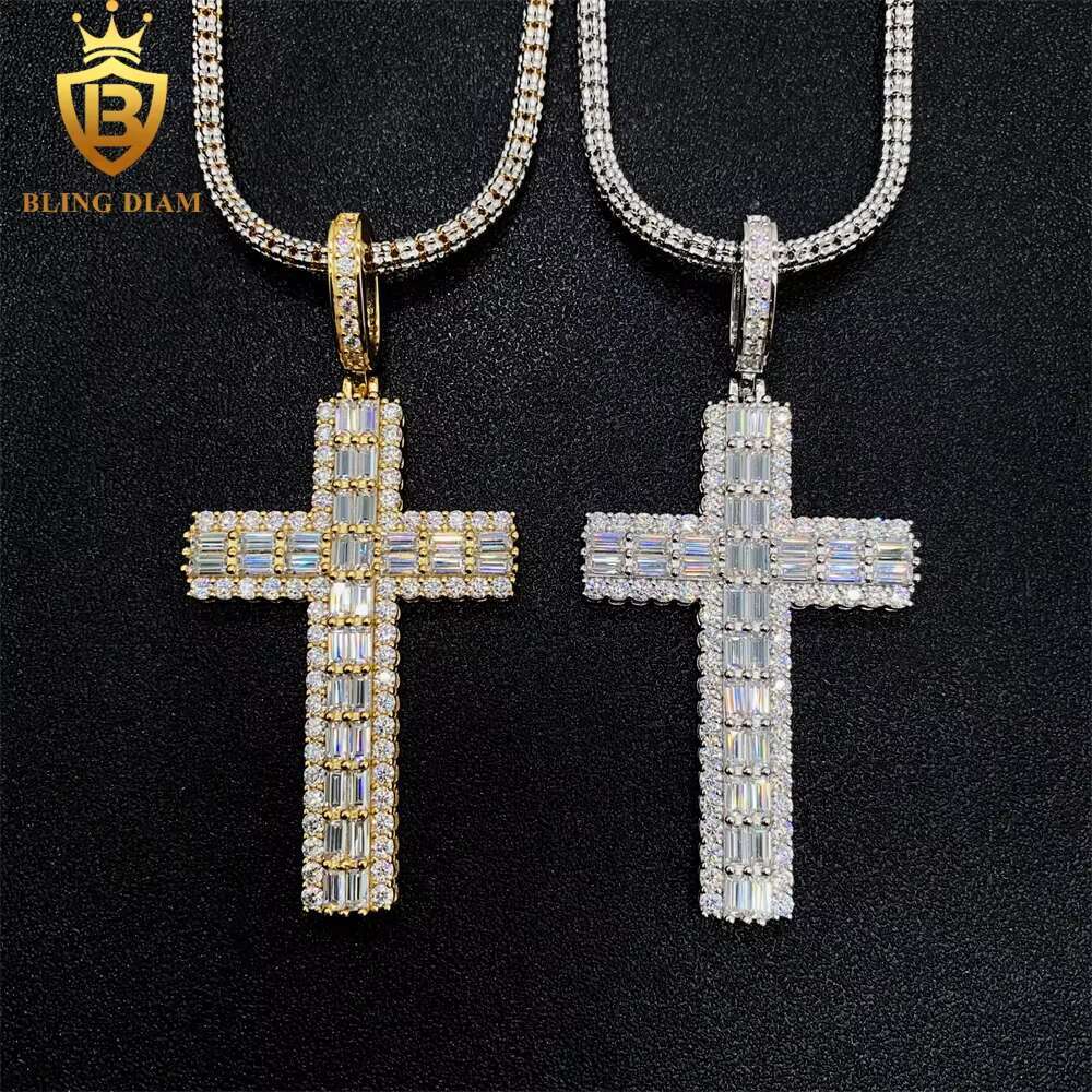 Hip Hop Jewelry 925 Sterling Silver Iced Out Baguette Moissanite Diamond Cross Pendant 2 Size