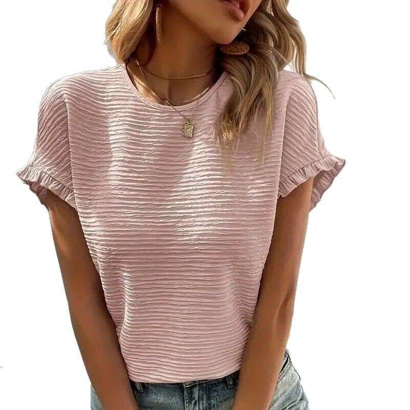 Amazon European and American Independent Station Elegant Solid Color Round Neck Top Vacation Casual Loose Ruffled Short Sleeve T-Shirt for Women