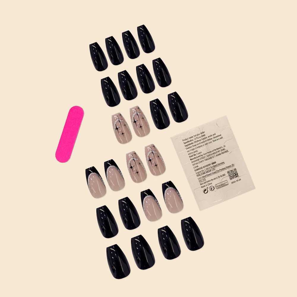 Womens 24pcs/set short coffin shaped black French glitter and star Versatile Beautiful full set wearable fake nails W250410