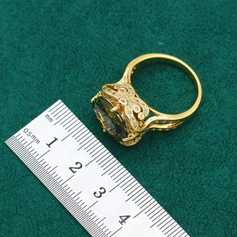 Geometric Wedding Gold Color Jewelry Set for Women Olive Green Zircon Bracelet Earrings Necklace Pendant Ring Gift 250409
