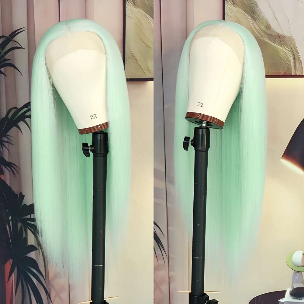 28-Inch Light Green Glueless Wig - Long Straight Heat-Resistant Hair, Pre-Plucked Middle Part, 180% Density, 13X4 Women, Perfect For Daily Wear & Part