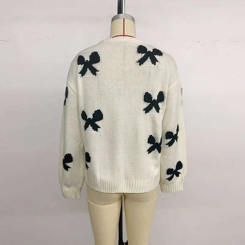 Benuynffy Bow Pattern Tie Front Short Women's Autumn Winter 2025 Fashion Y2k Long Sleeve Knitted Sweater Cardigan Designer Sweater Women