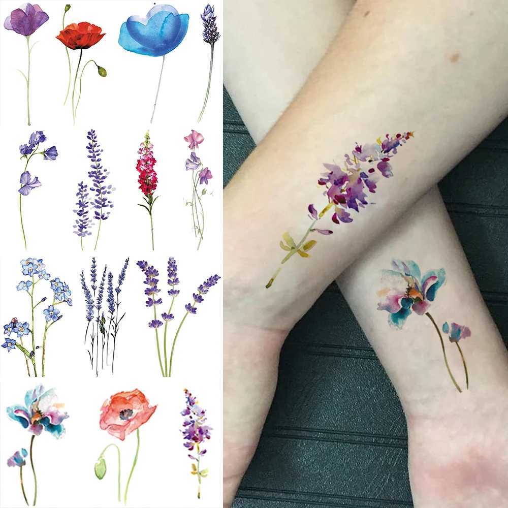 3D Watercolor Lavender Female Temporary Tattoo Body Art Arm Fake Flower Adult Tattoo Sticker Waterproof Girl Tattoo W250410