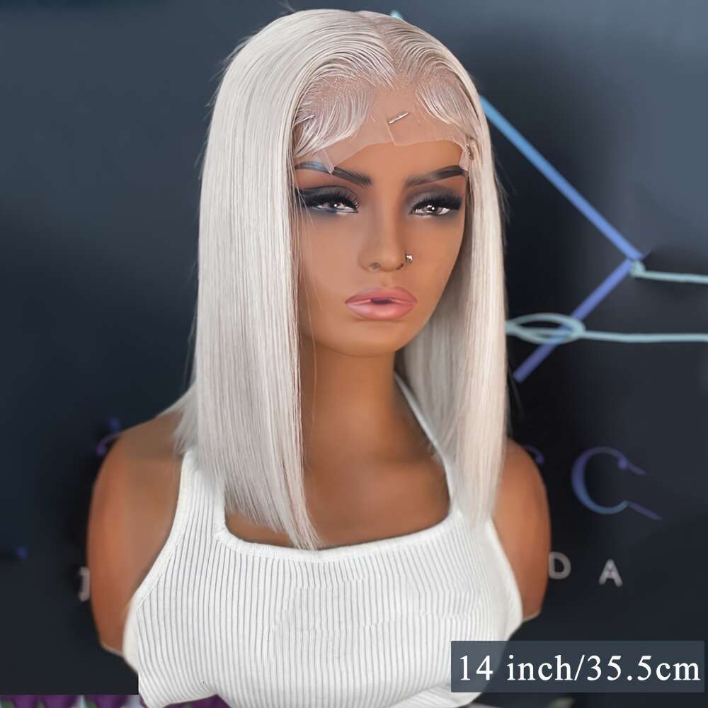 Platinum Ice Blonde Short Bob 100% Human Front Wig Pre Plucked Straight Pixie Cut High Density Elsa White Color Brazilian Remy Hair Lace Frontal Wigs 