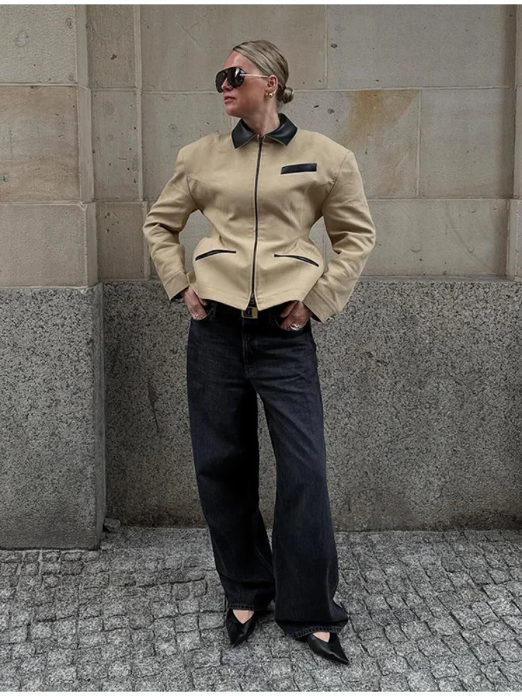 Elegant Patchwork Top For Women Turndown Collar Long Sleeve Double Slider Zipper Jacket Summer Female Commute Outerwear 251103